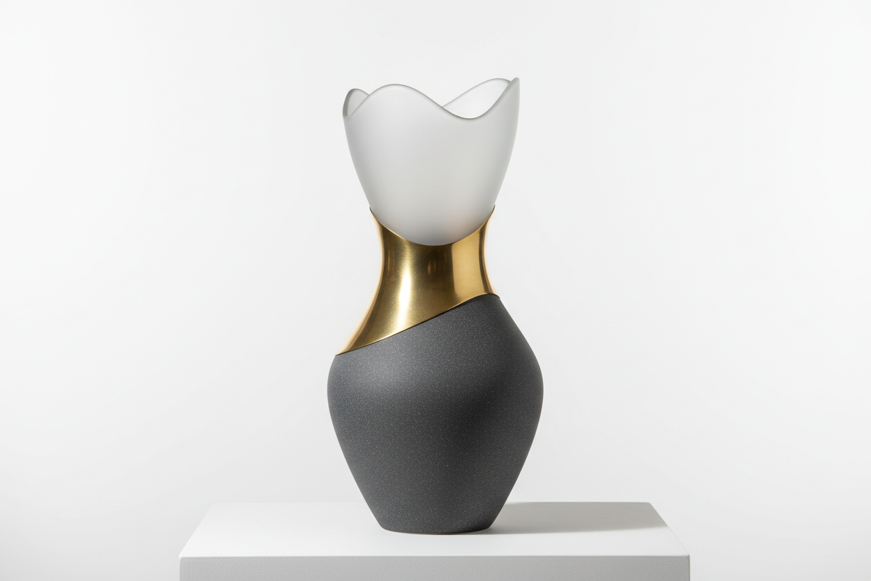 glass and metal and ceramic vase