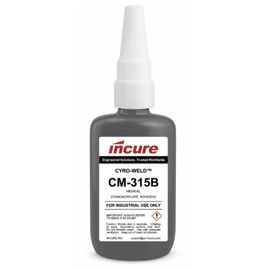 Incure Cyro-Weld™ CM-315B High-Temp, Rubber-Toughened Black Medical Cyanoacrylate Adhesive – 20g / 500g